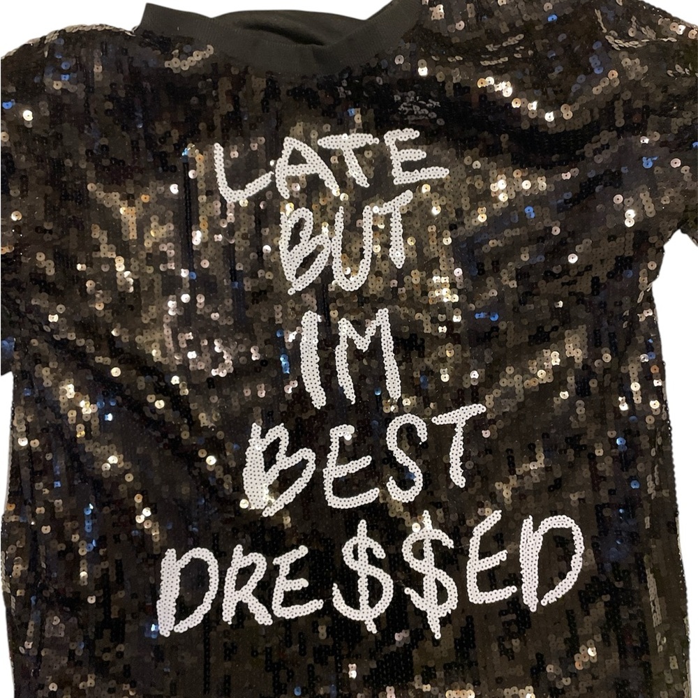 Steve Madden LATE BUT IM BEST DRE$$ED Black Sequins Silver‎ Mini Dress SZ L - Picture 3 of 6